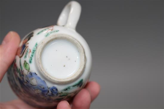 Four 18th century Chinese famille rose polychrome coffee cups, Qianlong period, and a blue and white saucer dish, 11.5cm